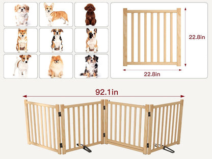 Wooden Dog Gate Indoor, 23" H Freestanding Dog Gates with Door, No-Painted Foldable Puppy Fence, Doggy Barrier for Doorway, Stairs- 4 Panels