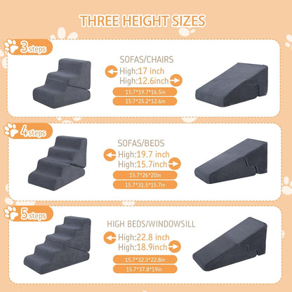 Dog Ramp for Bed, 23" H Dog Stairs for High Bed, 2 in 1 Pet Steps for Small Dogs, 5-Step Foldable Transformable Large Cats Ramp to Get on Couch, Non-Slip Balanced, Grey