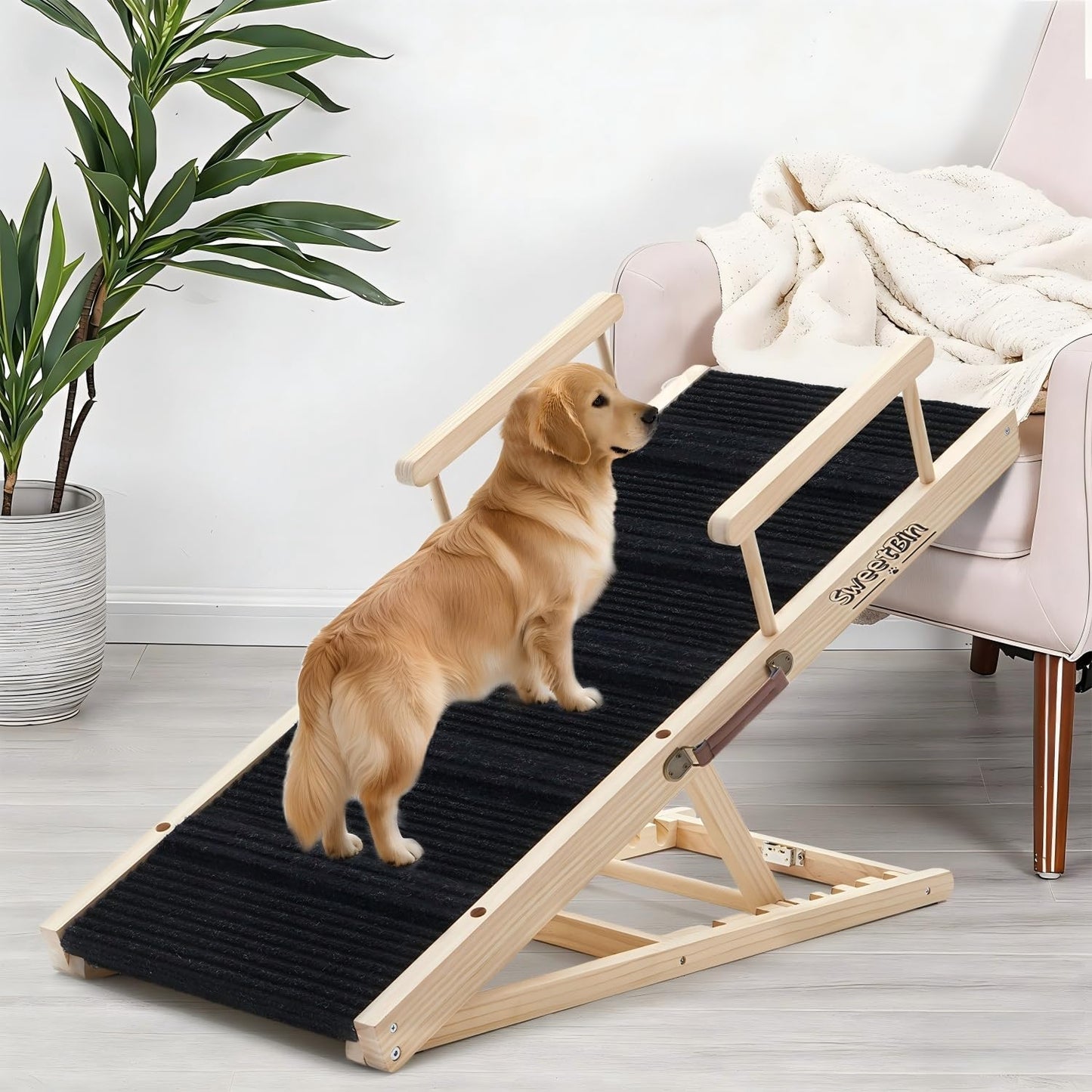 Dog Ramp for Bed - Foldable Small to Large Dog Ramp for Couch - 6 Adjustable Height from 12" to 24" - Stairs with High Traction Mat - Wooden Portable Ramp for Dogs to Get on Bed Couch Car Up to 200LBS