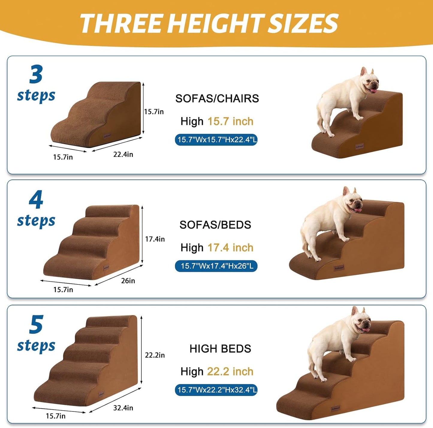 Aodisman 3-Step Dog Ramp and Stairs for Sofa and Chair - Non-Slip Sturdy Pet Steps for Small Dogs and Cats,15.7" H,Grey