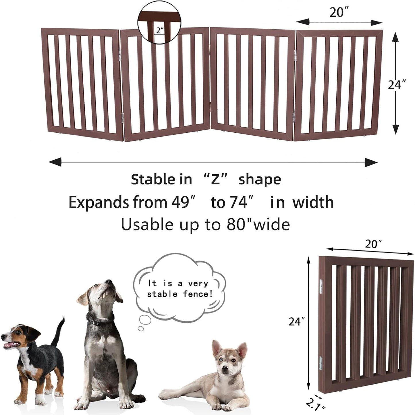 ZJSF Freestanding Indoor Dog Gate for House Foldable Wood Brown Puppy Gate for Doorways Pet Gate for Stairs Extra Wide Pet Fence 24" Height 2 Panels