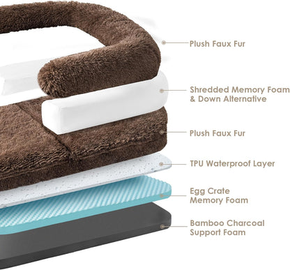 EHEYCIGA Foldable XXL Dog Bed for Large Sized Dog, 54"x38"x7.5" Faux Fur Fluffy Pet Couch Bed, Orthopedic Calming Memory Foam Big Pet Bed, Washable Pet Sofa Bed with Non-Slip Bottom, Dark Grey