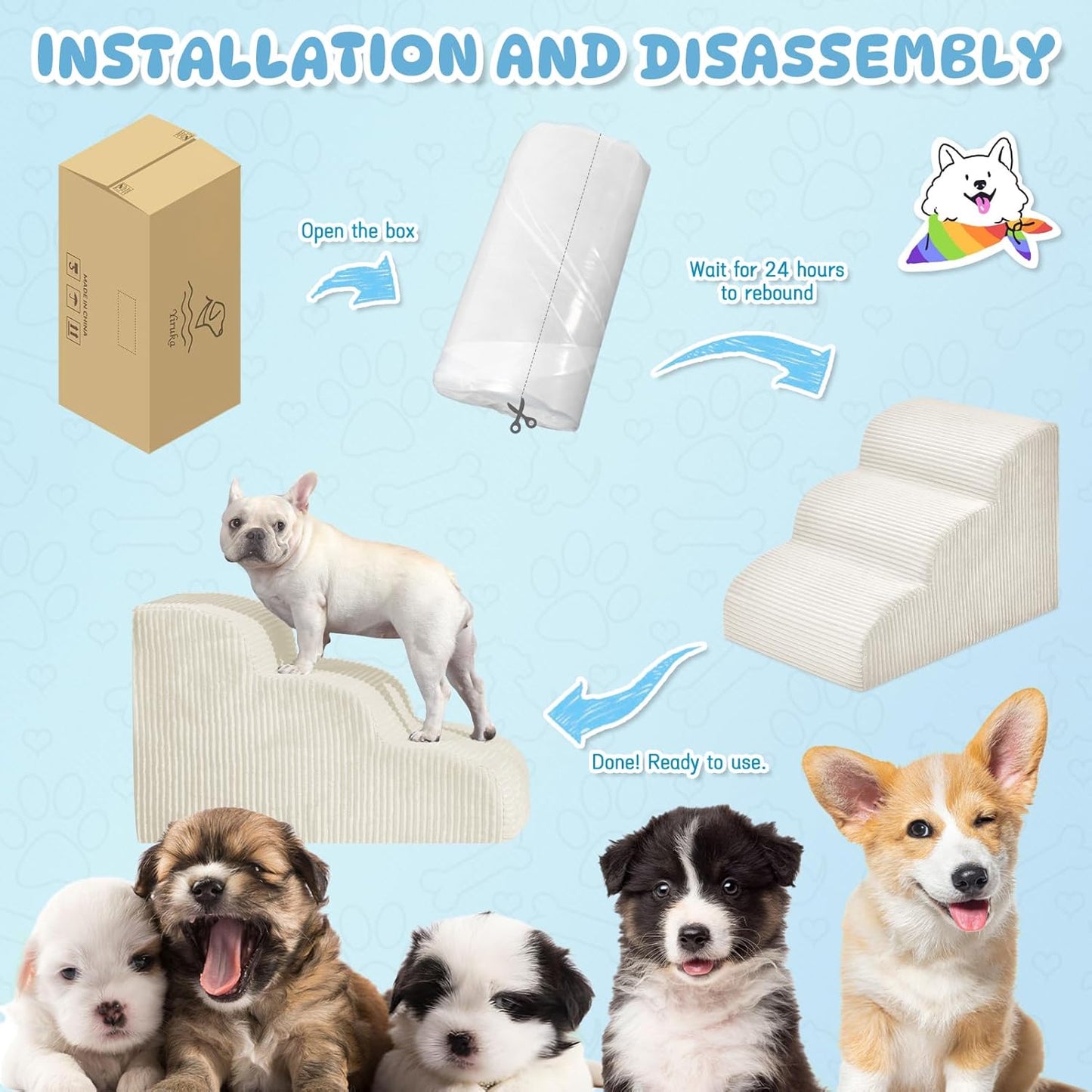 Mesa Lemon Dog Stairs & Steps for High Beds, 3 Steps High Density Foam Waterproof Dog Ramp for Small Dogs and Cats, Pet Stairs with Removable Washable Cover for Bed, Couch, Sofa and Car (H:16")