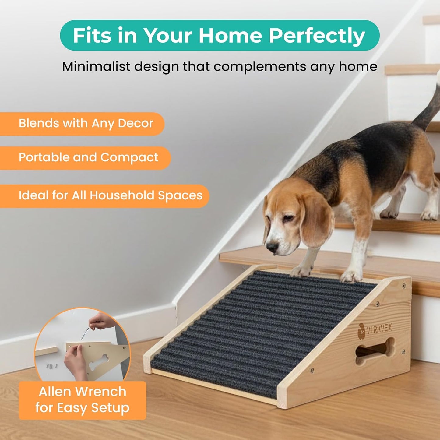 Dog Ramp for Stairs, Non Slip Dog Stairs, Sturdy Wooden Pet Steps for Small Dogs and Cats Fits Staircase Indoor, Support for Injured and Senior Pets