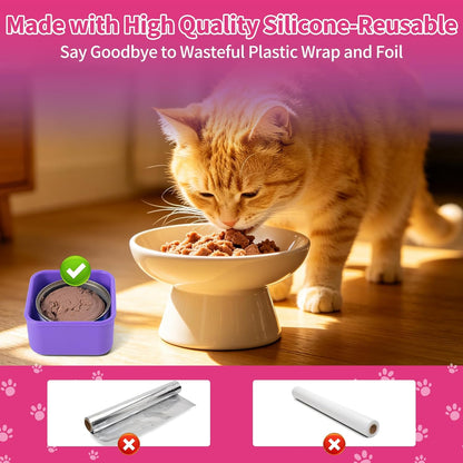 SLSON Cat Can Cover 5.5 oz Canned Food Storage Container, 2Pack Silicone Can Sealer with Airtight Lids Compatible with 5.5oz Friskies & 3.5oz Cesar Pet Cans for Fridge to Keep Fresh (Beige and Grey)