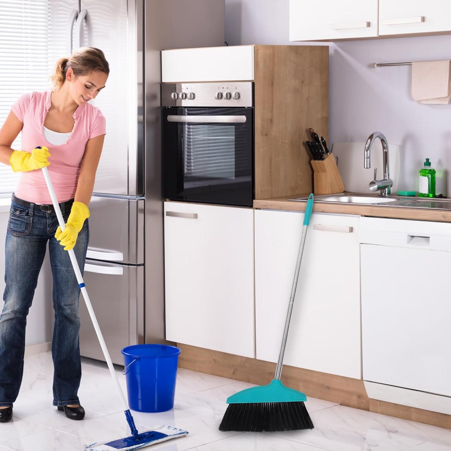 Heavy Duty Floor Broom with Soft Bristles, Wide Angle Sweeping Brush for Pet Hair and Lawn, Long Handle Green Broom for Indoor and Outdoor Cleaning