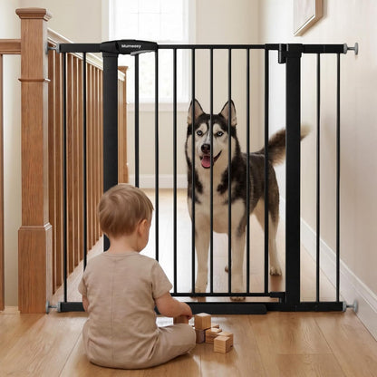 Mumeasy 29.7-46" Baby Gate for Stairs, Pressure Mounted Dog Gate for Doorways, Auto Close Walk Through Pet Gate Indoor, Extra Wide Metal Child Safety Gate, Mom's Choice Awards Winner, Black