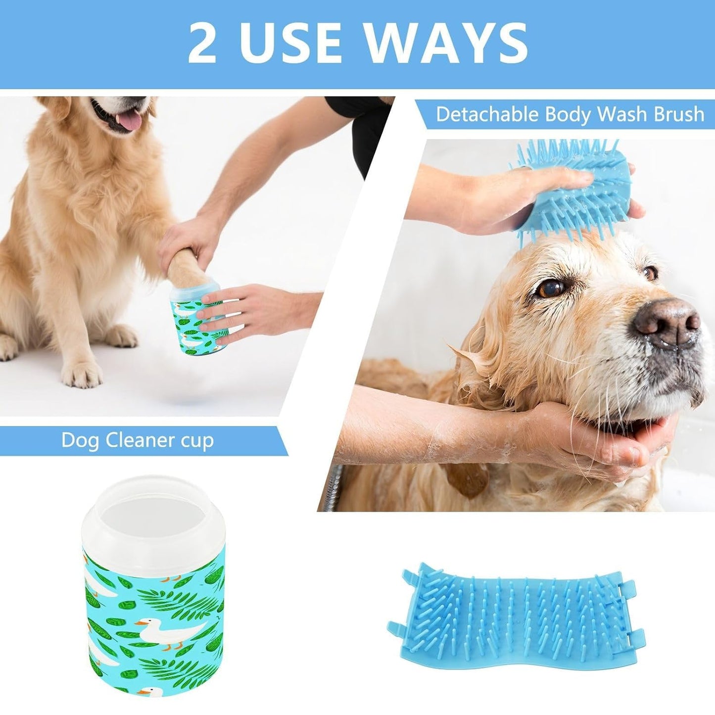 White Ducks Dog Paw Cleaner, Pet Foot Washer Cup with Detachable Body Wash Brush for Small Medium Large Dogs and Cats