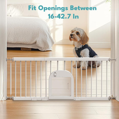 No Pawblems Dog Gate with Small Pet Door, 16"-42.7" Adjustable Metal Short Dog Gate to Step Over, 16.5" Tall Small Pet Gate with 3 Extension Kits, Pressure Mounted Gate for Doorways & Stairs, White