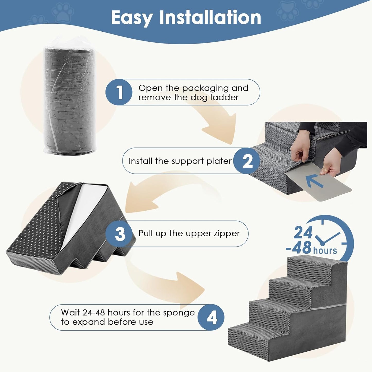 DUMOS Dog Stairs for Small and Medium Dogs, 3-Step Pet Steps with High-Density Foam, Indoor Non-Slip Pet Ramp for Puppy and Older Dogs Cats, Dog Bed Stairs for Couch and Sofa, Grey