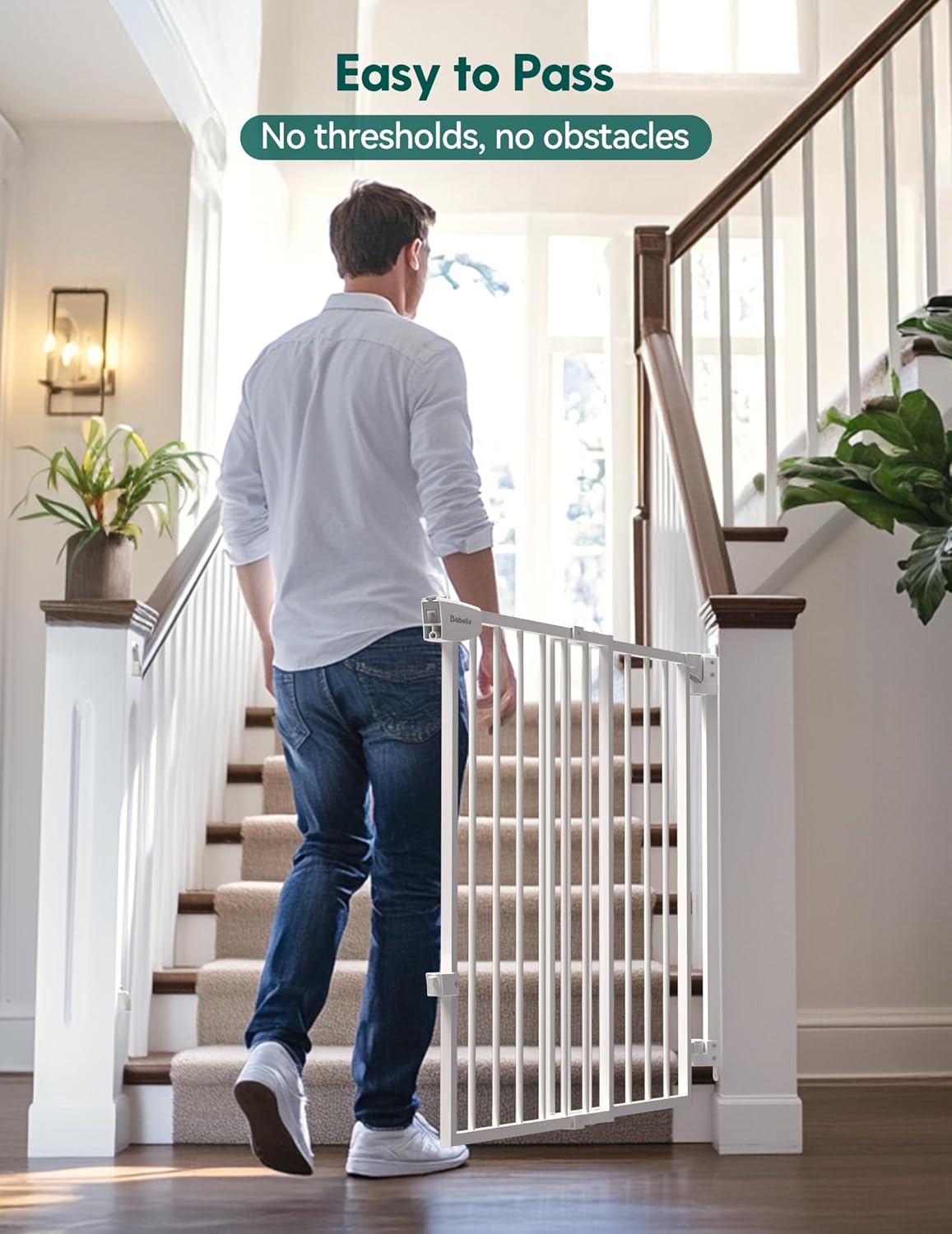 Babelio 29.7-46.5" No Bottom Bar Baby/Dog Gate for Stairs, House and Doorways, Auto Close Safety Pet Gates with Large Walk Thru Door, Hardware Mount, Black