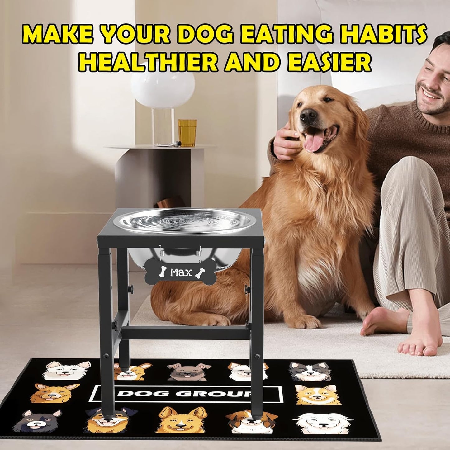 ADENGL 1.6 Gallon Elevated Dog Water Bowl for Large Dogs, 4-Height Adjustable (13–18'') Raised Stainless Steel Bowl with Spill-Proof Mat & Sturdy Metal Stand, Easy-Clean Feeder for Indoor/Outdoor Use