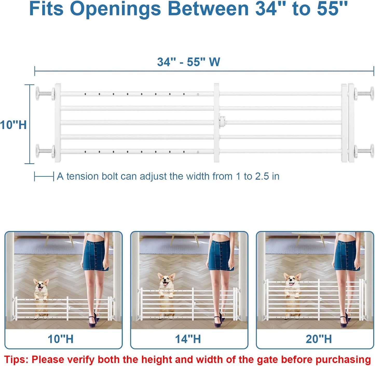 Malier Indoor Dog Gate with Door, 26-41" Extra Wide Full Metal Pet Gate Short Dog Gate for Stairs, Pressure Mount 10'' Tall Small Puppy Low Gate Easy Step Over for Doorways