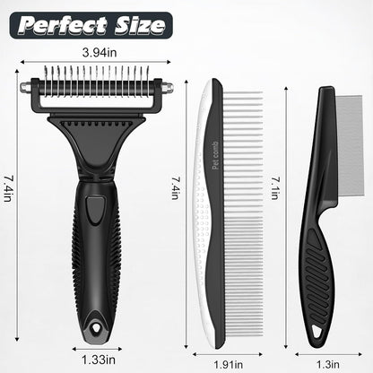 3PCS Pet Grooming Rake & Metal Comb & Flea Comb for Cats and Dogs, Double-Sided Dematting Tool, Extra-Wide Deshedding Dog Brush for Long Hair to Effectively Remove Tangles, Knots and Mats (Blue)