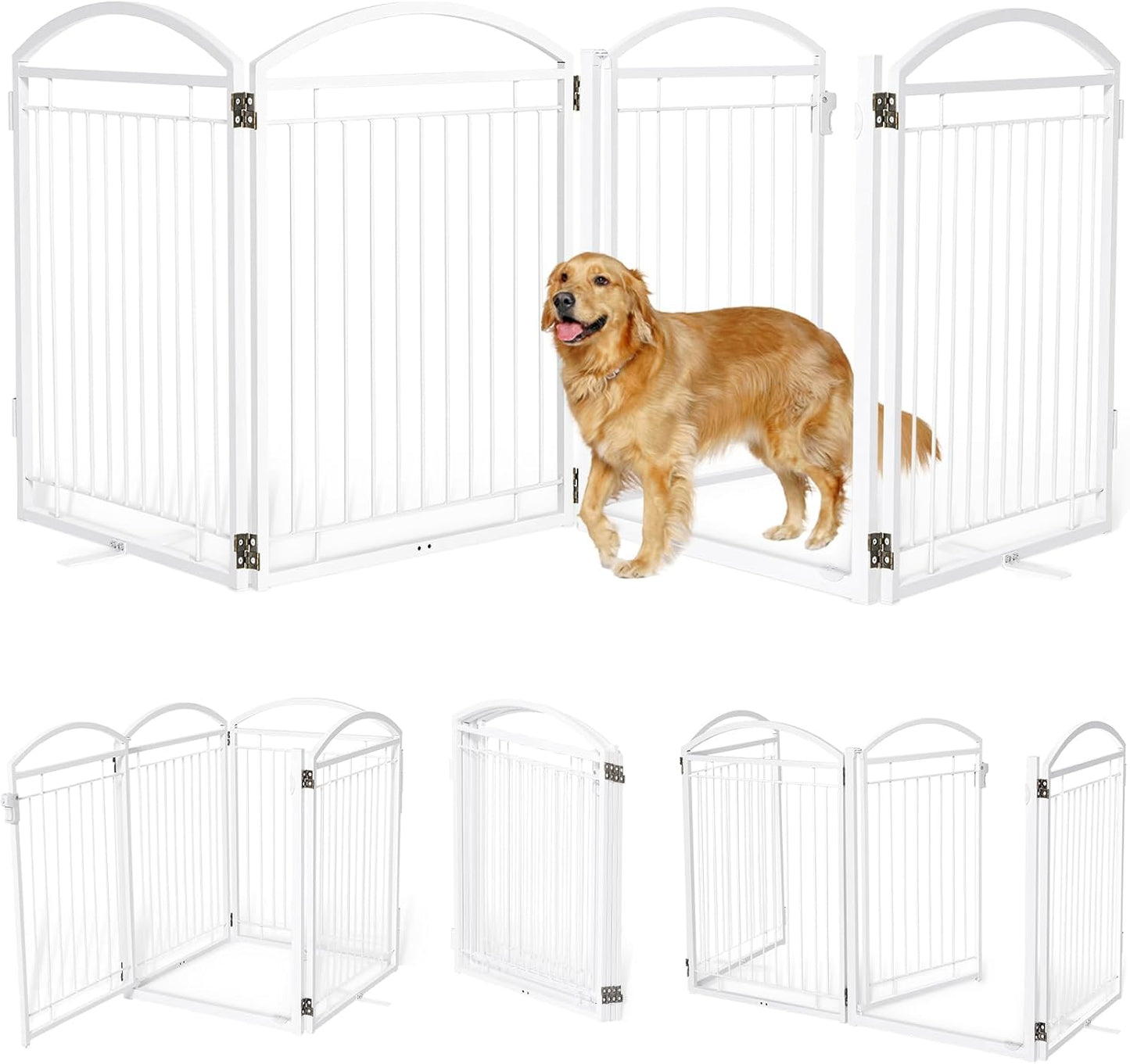 Full Metal Free Standing Dog Gate with Door for Indoor & Outdoor,96'' Extra Wide 32'' Tall Dog Gate for The Doorways,Large Openings,Decks,Porch,Pet Freestanding Safety Fence(4 Panels,Black)