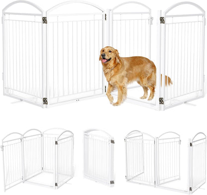 Full Metal Free Standing Dog Gate with Door for Indoor & Outdoor,96'' Extra Wide 32'' Tall Dog Gate for The Doorways,Large Openings,Decks,Porch,Pet Freestanding Safety Fence(4 Panels,Black)