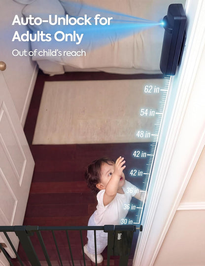 Babelio Smart Baby Gate with Auto-Unlock/Close, Pressure Mounted No Drill for Doorways/Top of Stairs. Pet/Dog Door Wide Walk Thru w/Infrared Sensor & Safety Alert (Black, 26.3-37.8" W, 30" H)