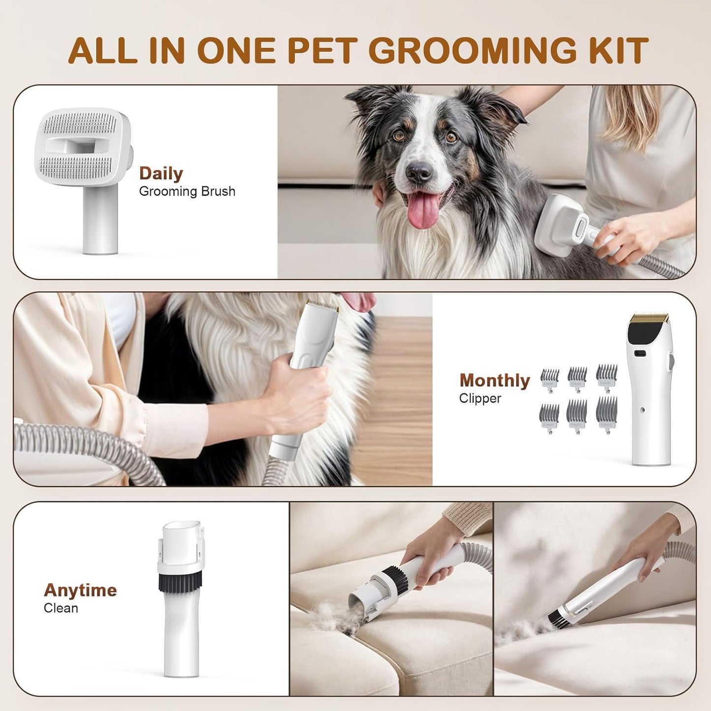 Dog Grooming Vacuum, Dog Grooming Kit, 3 Suction Modes Dog Brush Vacuum with 5 Pet Grooming Tools (Alabaster)