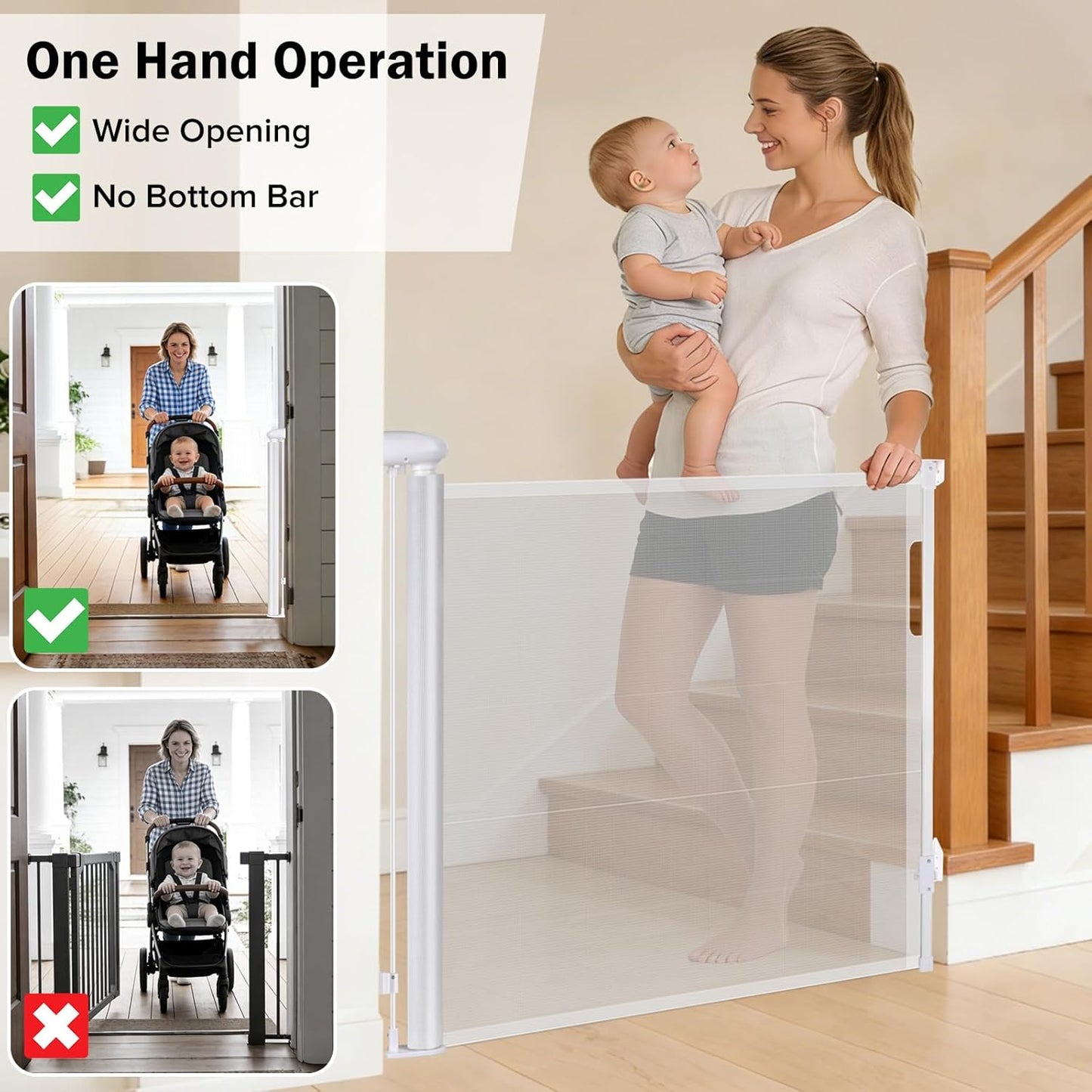 Retractable Baby Safety Gate, 33.8" Tall Extends to 55" Wide, Dual Lock, Adjustable Mounting, Extendable Pet Gate for Hallways, Stairs, Indoor & Outdoor（Black）
