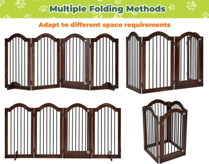 PrimeZone 144" Extra Wide Dog Gate - 36" Tall 6-Panel Solid Acacia Wooden Freestanding Puppy Gates with Door, Foldable Indoor Pet Fence for Doorways, Stairs, Support Feet Included, Brown