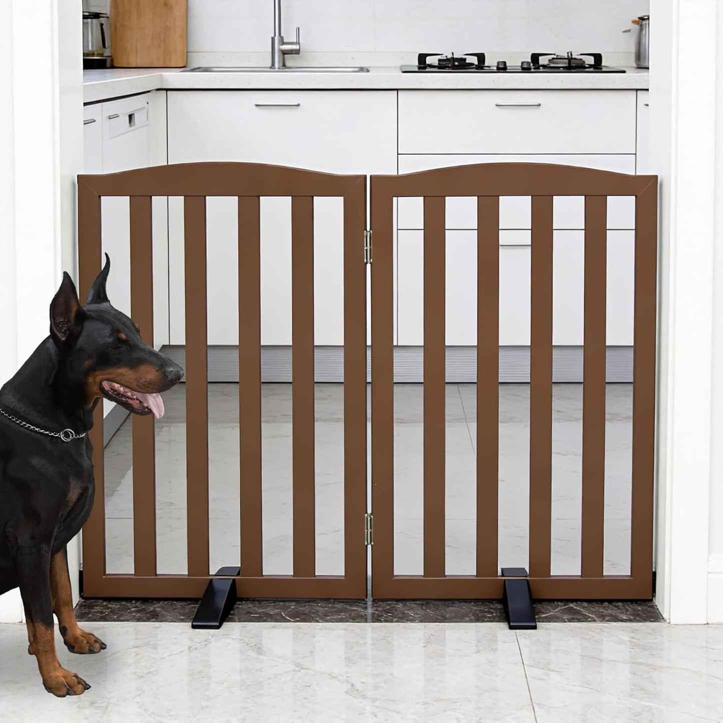 Freestanding Dog Gate Indoor,Doggie Gate Foldable Dog Gates for Doorways,Stairs or Hallways, Wooden White Pet Gate for the House, Pet Fence with Support Feet Included,24 "Height-4 Panels