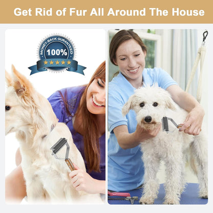 Undercoat Rake for Dogs, Dematting Comb for Dogs and Cats with Wood Handle, Deshedding Dog Brush for Remove Mats, Long-Haired Pets Grooming Rake, L