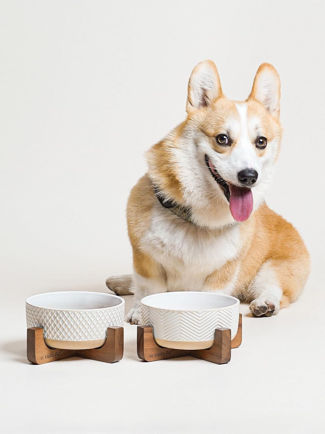 LE TAUCI PET Ceramic Dog and Cat Bowl Set with Acacia Wood Stand - 2 Cup Weighted Non-Slip Food and Water Bowls for Small Dogs & Cats, Lines + Dot