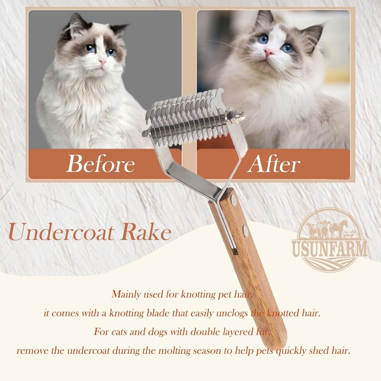 Large 2-Sided Undercoat Rake for Dogs and Cats，Professional Pet Grooming Shedding Tool Combs for Animals，Stainless Steel with Wooden Handle for Thick Coats (20-Blades)