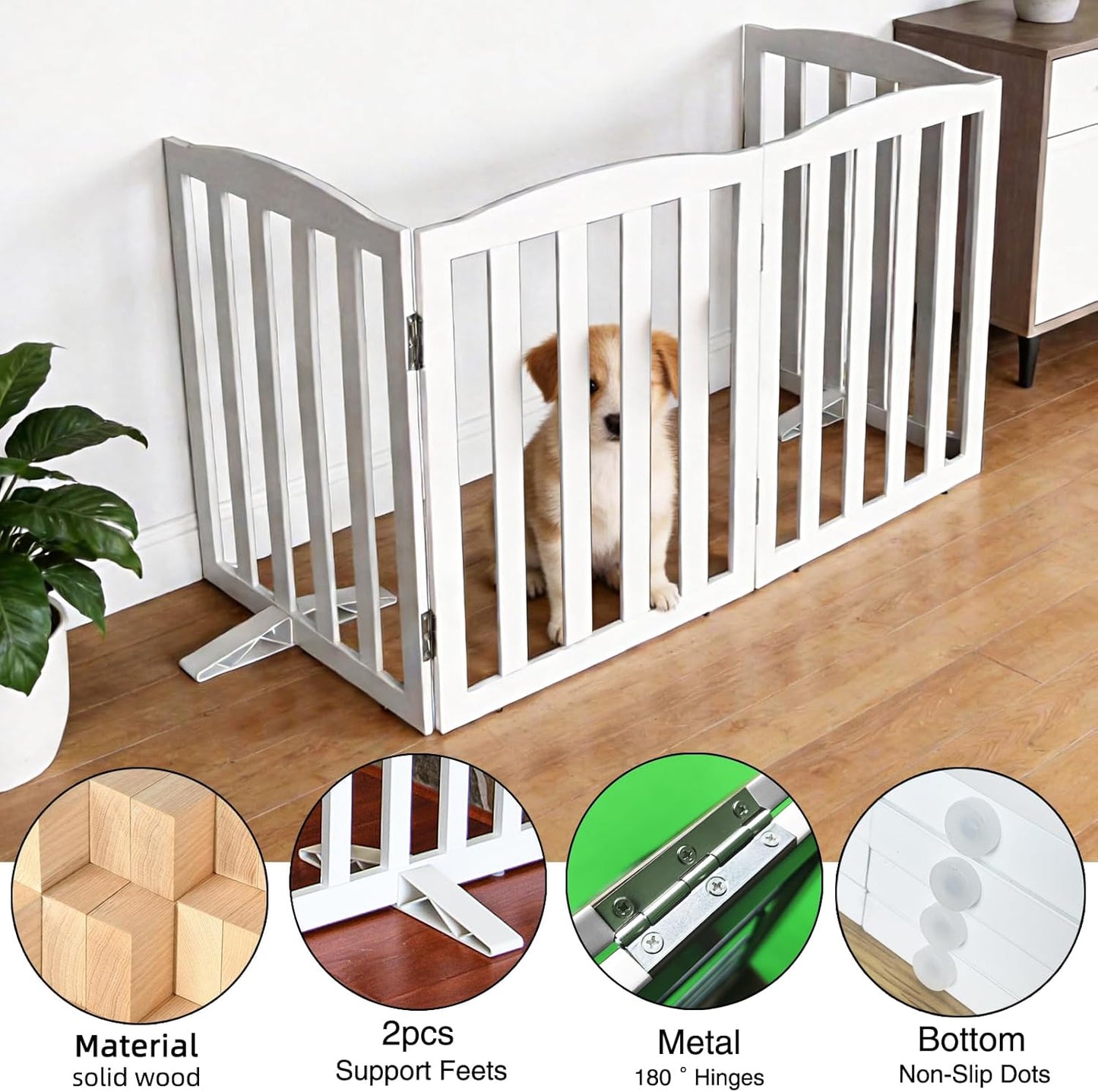 Freestanding Dog Gate Indoor,Doggie Gate Foldable Dog Gates for Doorways,Stairs or Hallways, Wooden White Pet Gate for the House, Pet Fence with Support Feet Included,24 "Height-4 Panels