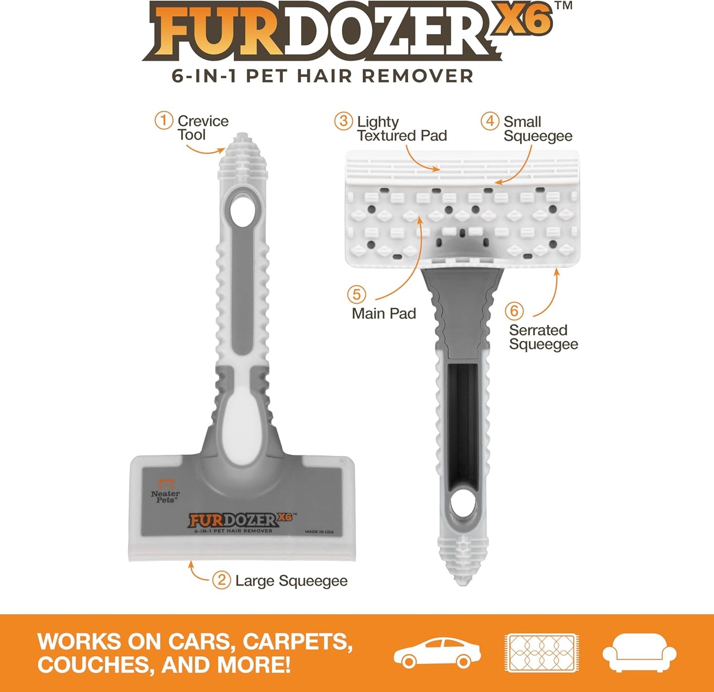 FurDozer Pet Hair Remover & Auto Detailing Tools - Cat & Dog Hair Remover for Carpets, Car Interiors, Couches, Bedding, & Pet Furniture (Gray, X3 PRO - 5" Long)