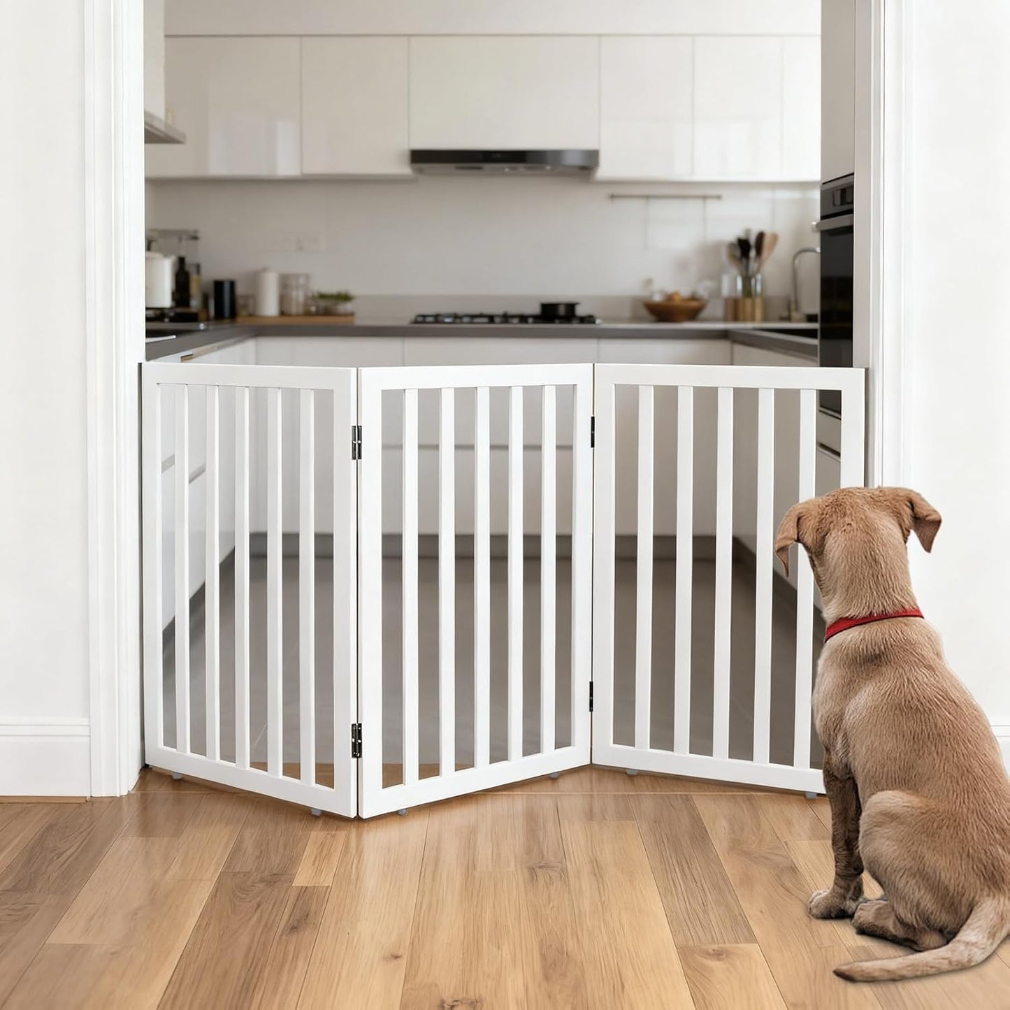 ZJSF Freestanding Indoor Dog Gate for House Foldable Wood Brown Puppy Gate for Doorways Pet Gate for Stairs Extra Wide Pet Fence 24" Height 2 Panels