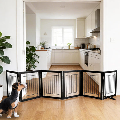 ZJSF Freestanding Dog Gate Indoor, Foldable Dog Fence for Doorways,Hallways or Stairs, Sturdy Wood Extra Wide Pet Gate with Support Feet,Black,24 "Height-3 Panels