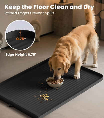 Dog Food Mat 36"x24", Waterproof Pet Feeding Mat with Diversion Grooves and Raised Edges, Large Non-Slip Dog Bowl Mat for Food and Water, Cat Food Mat for Floors, Easy to Clean, Grey