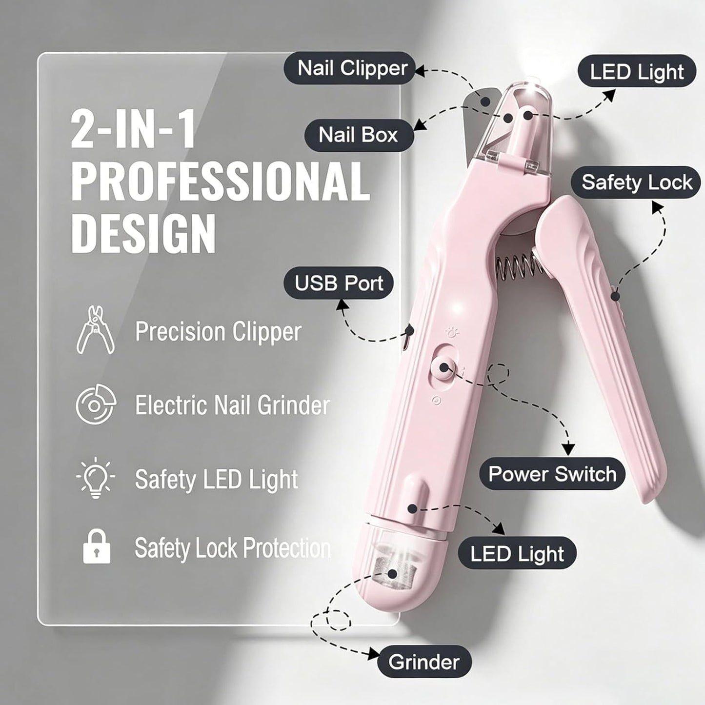 2-in-1 Dog Nail Grinder & Dog Nail Clippers Trimmers for Large Medium Small Dogs Cats Pets Claw Trimmer with LED Lights (White)