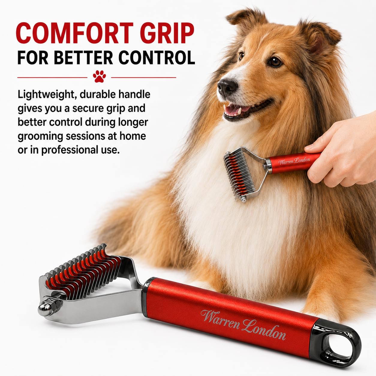 Warren London Undercoat Rake Brush for Dogs and Cats - Premium Deshedding Tool for Long Haired Pets - Skin Friendly Dematting Comb for Professional Grooming Results at Home