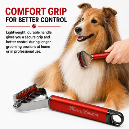 Warren London Undercoat Rake Brush for Dogs and Cats - Premium Deshedding Tool for Long Haired Pets - Skin Friendly Dematting Comb for Professional Grooming Results at Home