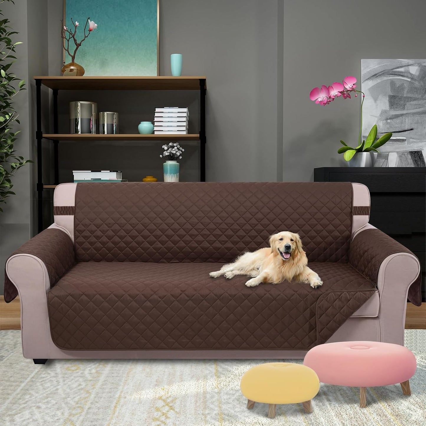 U-NICE HOME Reversible Sofa Cover Washable Couch Cover for Dogs Friendly with Elastic Straps Water Repellent Furniture Protector for 3 Cushion Couch (Sofa, Coffee/Beige) - Colors A