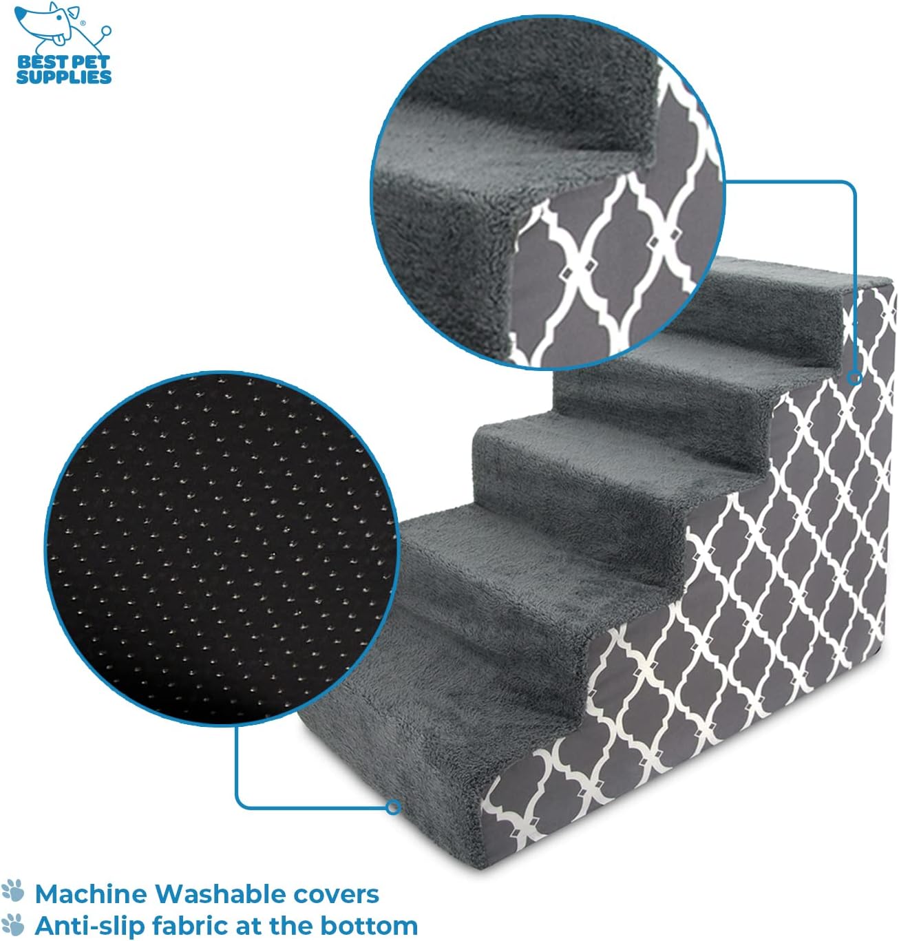 Best Pet Supplies Foam Pet Steps Cover for Small Dogs and Cats, Portable Ramp Stairs for Couch, Sofa, and High Bed Climbing (Cover Only) - Ash Gray Linen, 3-Step (Cover Only)
