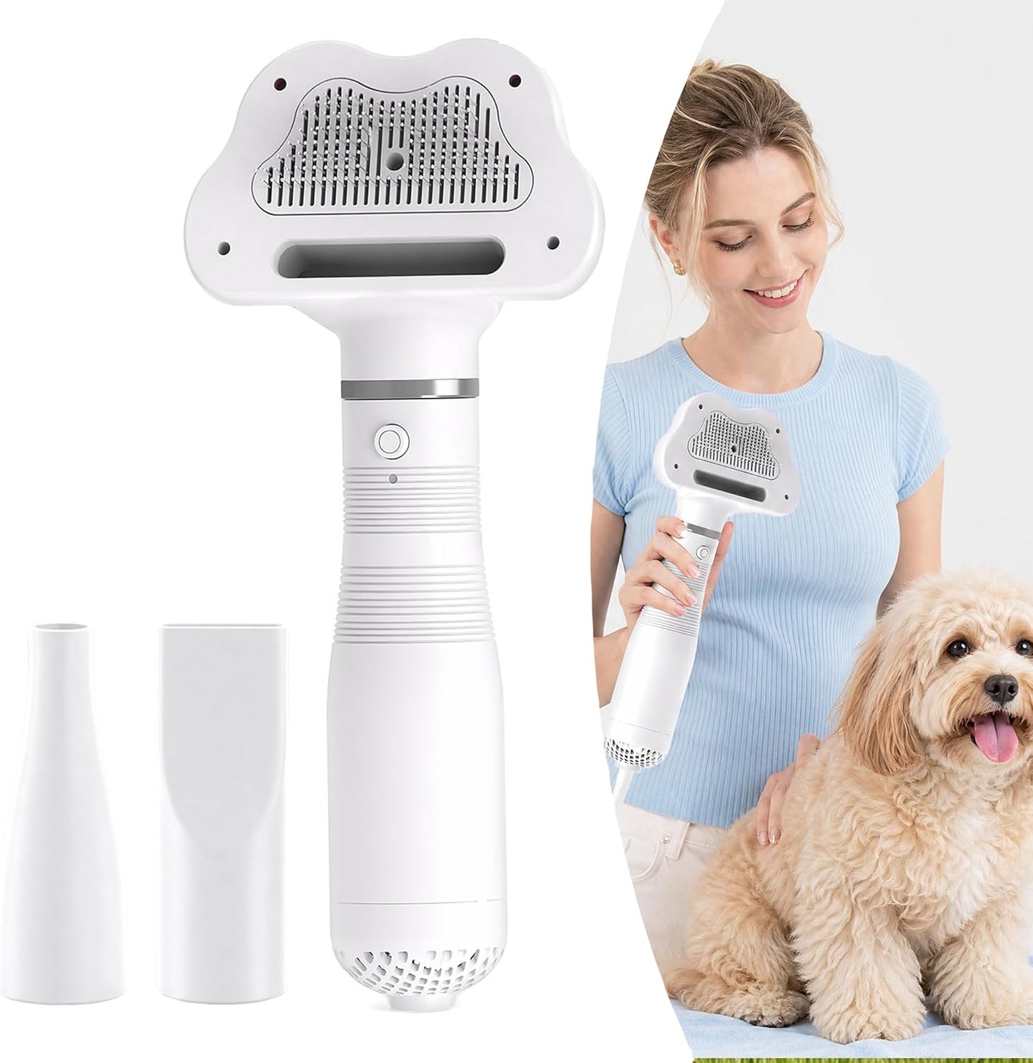 Pet Hair Dryer Brush, Dog Slicker Grooming Blower with Adjustable Temperature & Low Noise, Portable Pet Hair Dryer Comb for Small Medium Dogs Cats, Fast Drying & Detangling for Long/Short Haired Pets