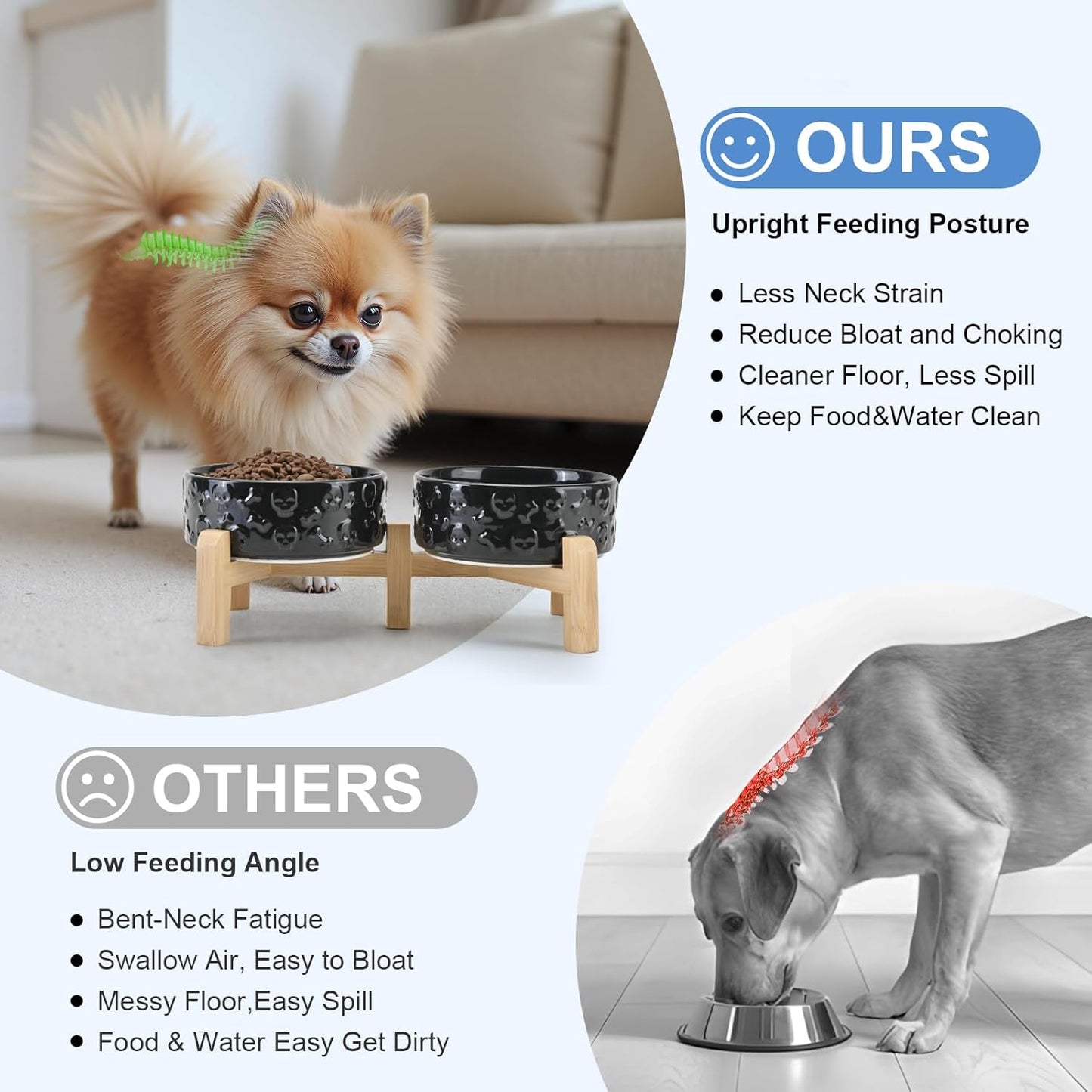 SPUNKYJUNKY Elevated Dog Bowls Ceramic, 6.1'' Dogs and Cat Food Water Bowls Raised with Non-Slip Bamboo Stand for Medium Sized Breed Microwave Dishwasher Safe - 28.7 OZ,Beige