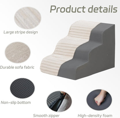 Laojin Balhen Dog Stairs for Small Dogs & Cats 15.7" H, High Density Foam Dog Steps Ramp for Couch Sofa and Chair, Pet Stairs with Non-Slip Bottom and Remove Washable Cover, 3-Step Pet Steps, Beige