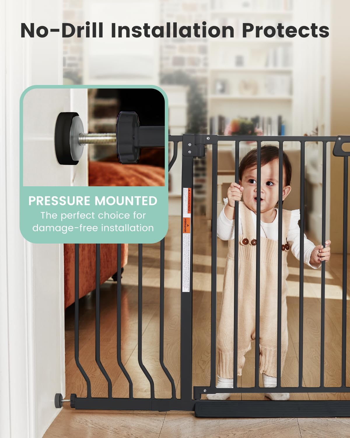 Mom's Choice-GROWNSY Baby Gate for Stairs, 30.5"-43" Pressure Mounted Pet Gate for Doorways-Auto Close Dog Gate for The House-Easy Installation & Walk Thru Wide Safety Gate, Black