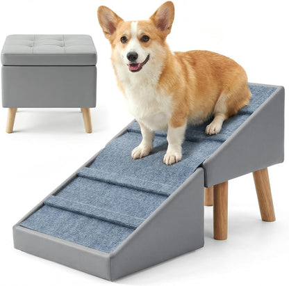 Dog Ramp for Small Dogs, 15.7" H 3-in-1 18.5" Extra Wide Foldable Ottoman & Hidden Storage Design Dog Stairs for Couch Sofa, Non-Slip Pet Steps for Puppy Senior Injured Dogs (White)