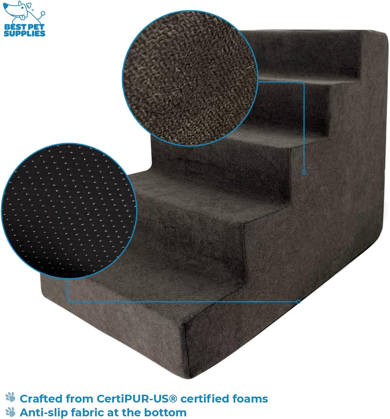 Best Pet Supplies Dog Stairs & Steps - Foam Steps for Small Dogs & Cats, Non-Slip Indoor Balanced Pet Step Support, Dog Ramp, No Assembly, Ash Gray Linen, 2-Step (12-inch Height)
