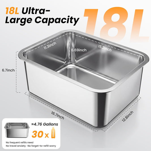 18L (4.7Gal) Extra Large (17.9x14x14.7) Elevated Dog Water Bowl, 4-Level Height Adjustable Raised Stand for Large & XL Dogs, Stainless Steel No-Spill Bowl with Replaceable Filter for Multi Dog