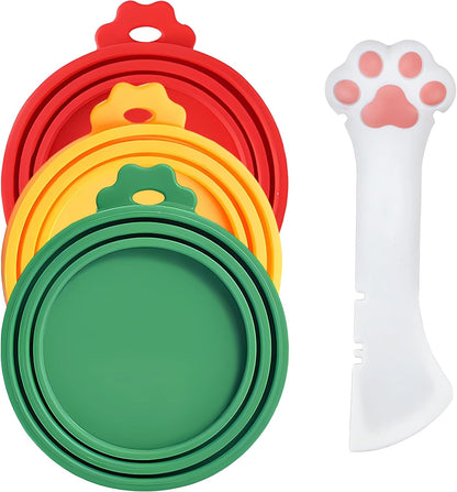 Cat Food Can Covers Lids & White Spoon, Pink/Orange/Sky Blue Lids, Can Covers for Dog/Cat Food Cans, Fit 3 Standard Size Pet Food Cans, Spoon with Opener Paw & Mini Spatula