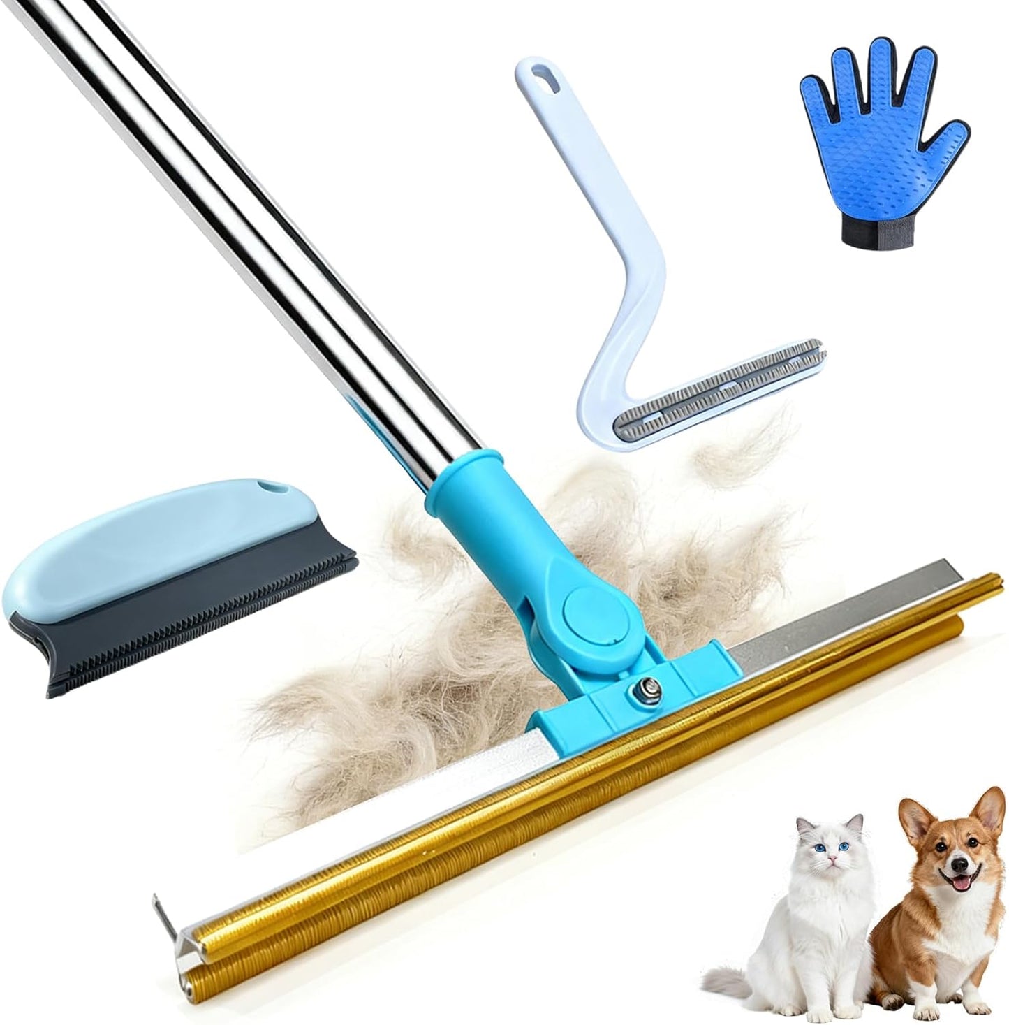 Carpet Rake for Pet Hair Removal Tool, 54" Long Handle Pet Hair Remover, 4 in 1 Carpet Broom Brush for Matted Rugs, Mats, Couch, Furniture and Car Interiors