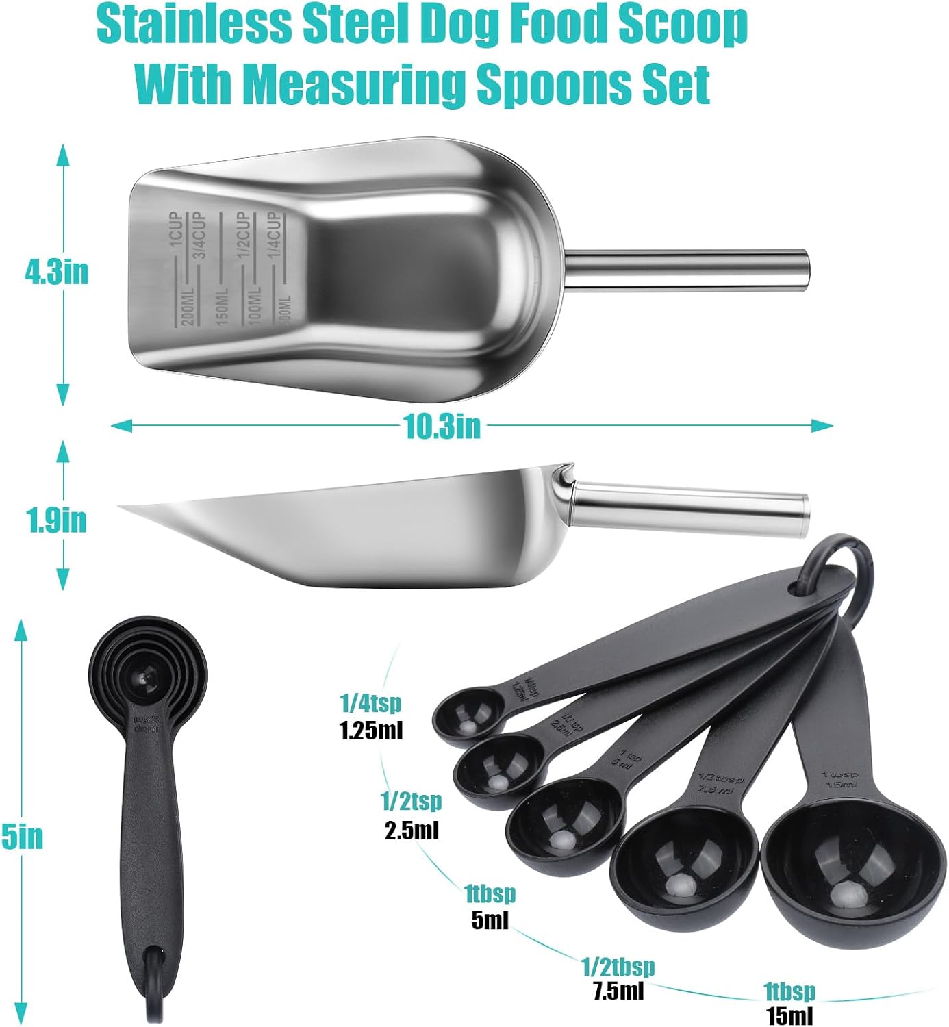 AIERSA Pet Food Scoop & Measuring Cup for Dogs & Cats, Stainless Steel Dog Scoop1 ¾ / ½ / ¼ Cup with Multi-Unit Markings for Precision Feeding, Easy-Clean Metal Food Storage