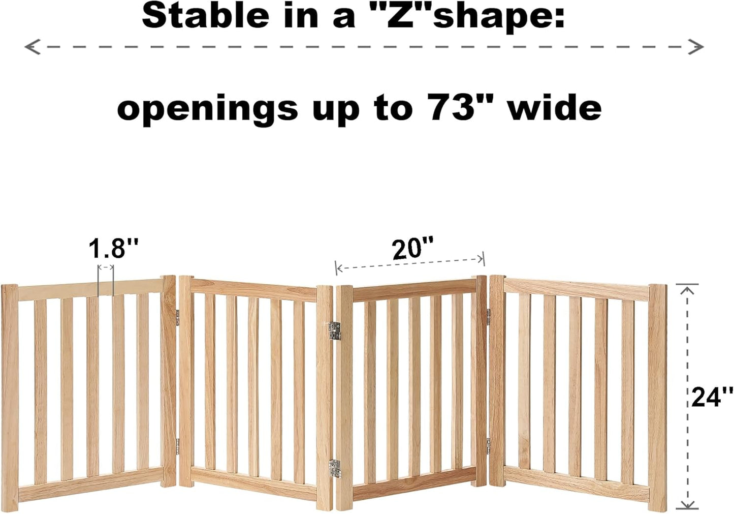 LZRS 2-Panel Wooden Free Standing Foldable Dog Gate Indoor – Solid Hardwood 24" High, Step-Over Safety Pet Gate for Doorways, Stairs & Small Spaces - Indoor Use, White