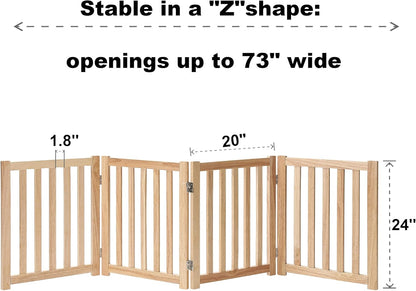 LZRS 2-Panel Wooden Free Standing Foldable Dog Gate Indoor – Solid Hardwood 24" High, Step-Over Safety Pet Gate for Doorways, Stairs & Small Spaces - Indoor Use, White